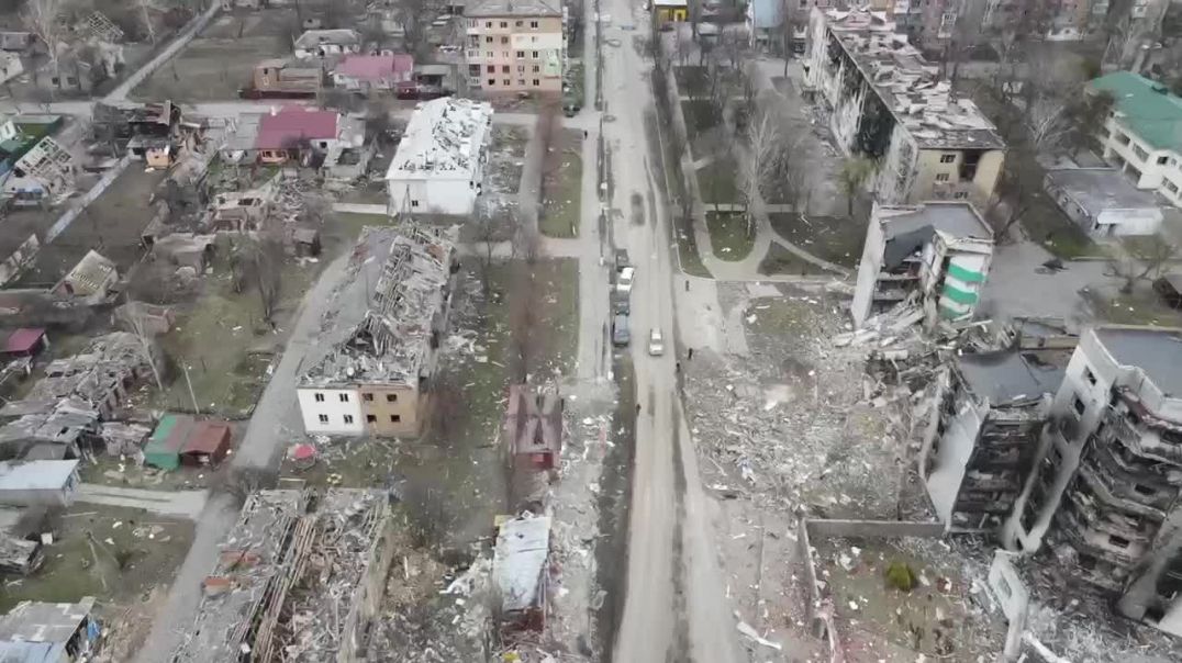 ⁣Разрушения в Бородянке Киевской области с квадрокоптера