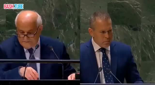  Реакция зала на выступления послов Палестины (слева) и Израиля (справа) при ООН