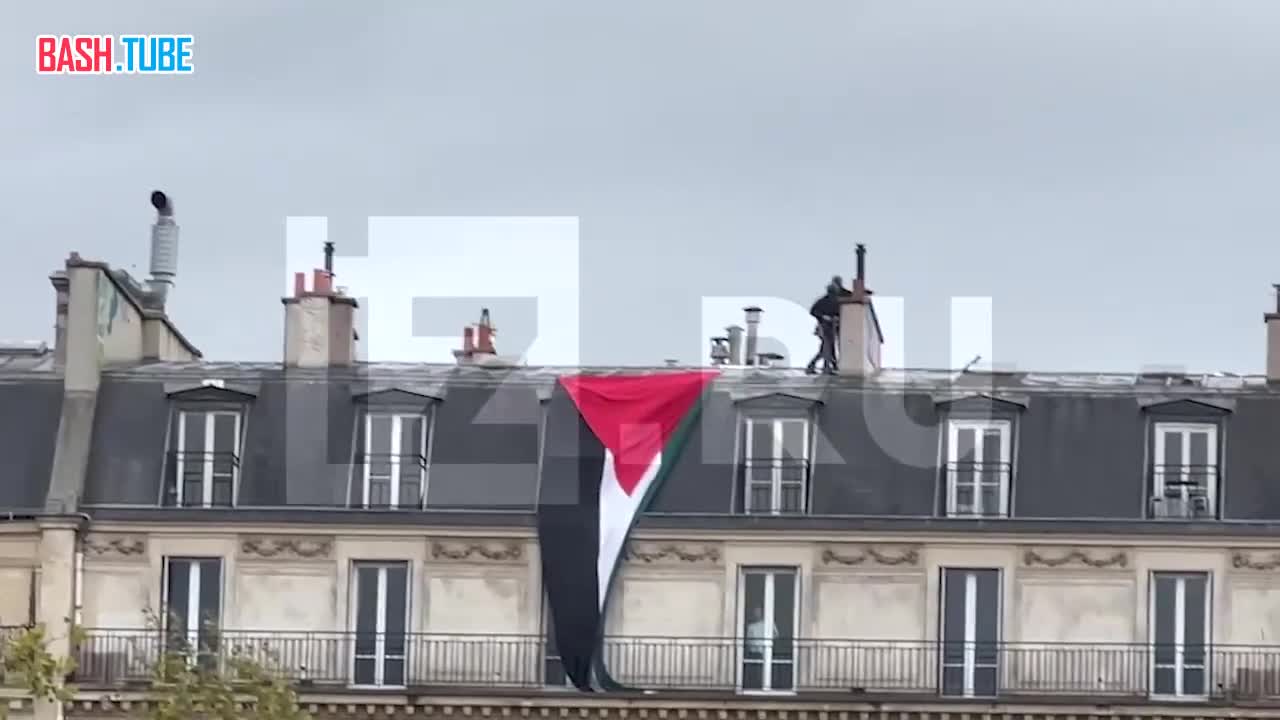  Полиция в Париже забралась на крышу, чтобы снять гигантский флаг Палестины