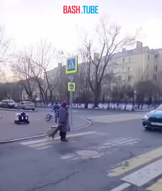  Бабушка в России помогает роботу-курьеру перейти пешеходный переход