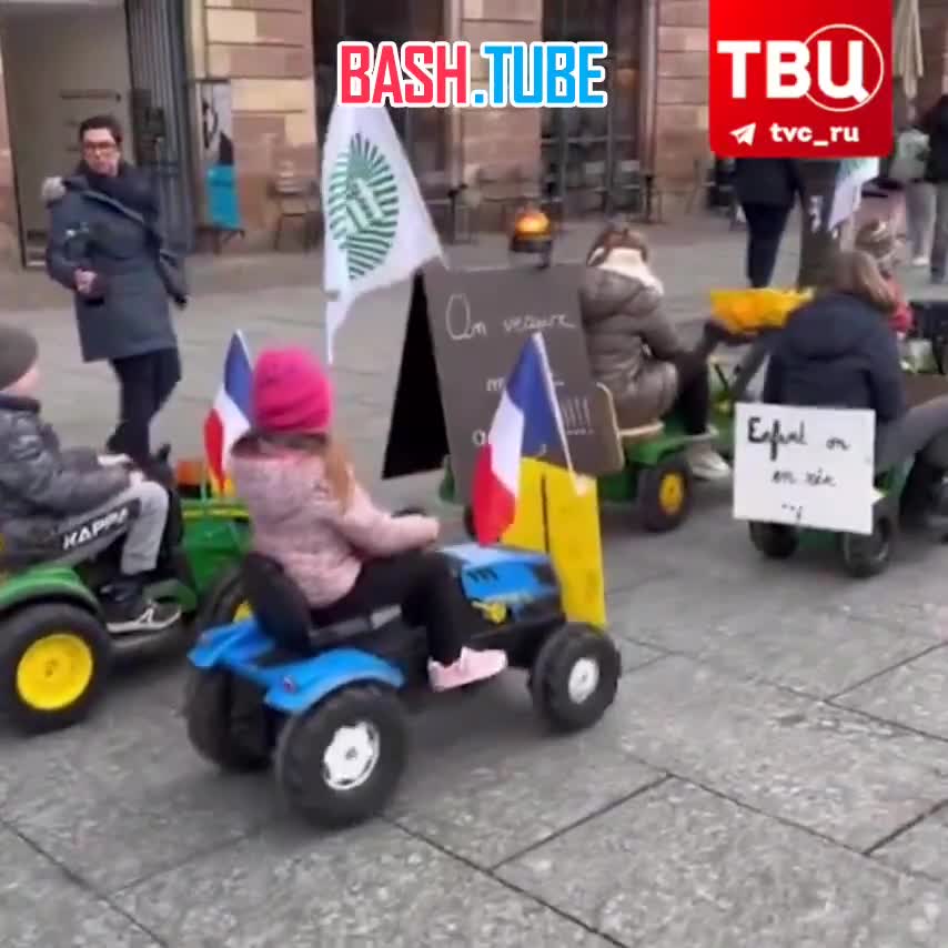 ⁣ Дети французских фермеров вышли на мини-протесты в Страсбурге