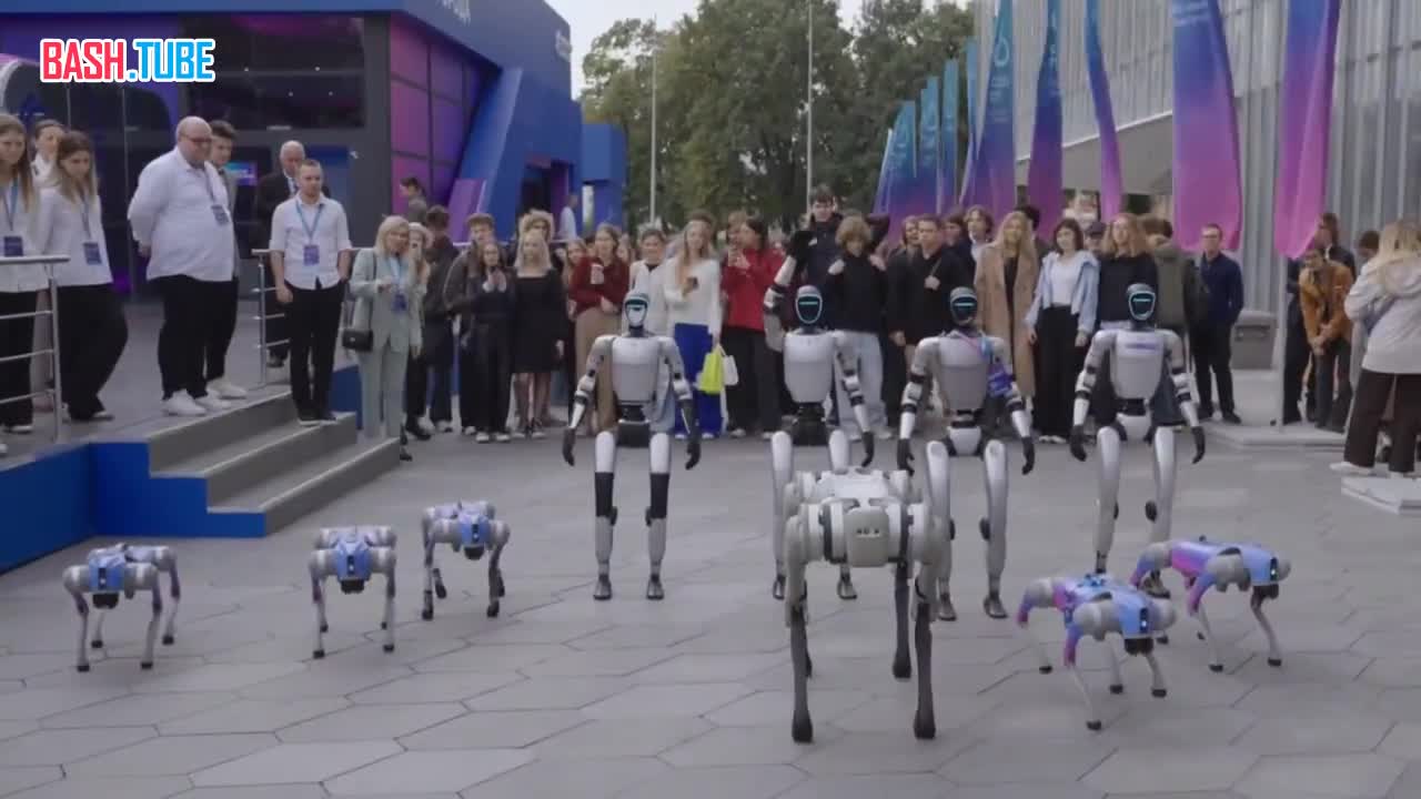  Обстановка в московском Зарядье, где в рамках форума о будущем городов БРИКС «Облачные города» прошёл парад роботов