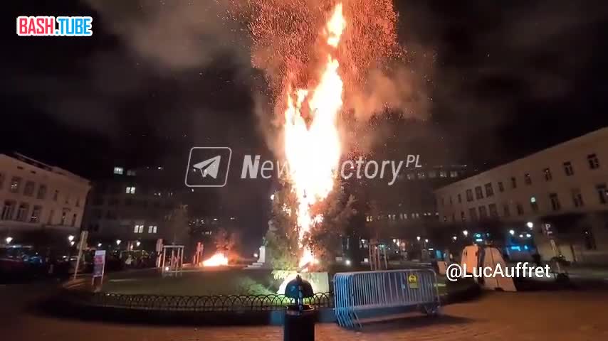  Этой ночью протестующие фермеры сожгли ëлку в Брюсселе вблизи Европейского парламента
