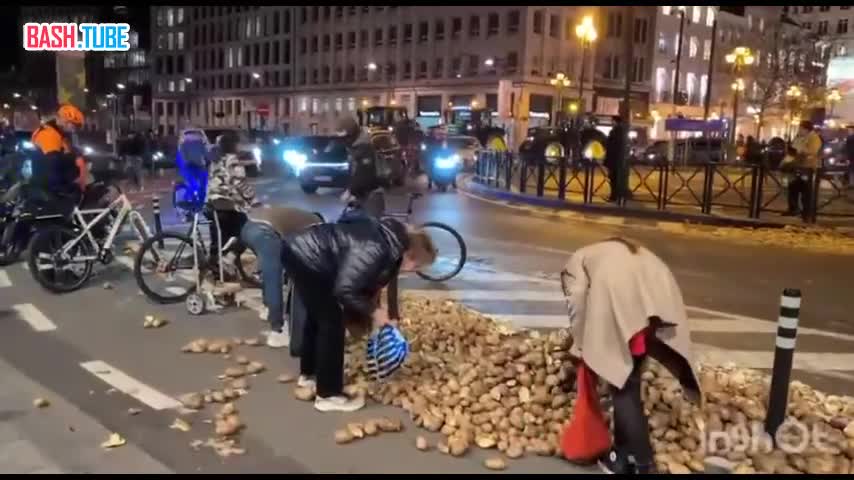  Во время вчерашних протестов в Брюсселе фермеры закидывали Европарламент картошкой